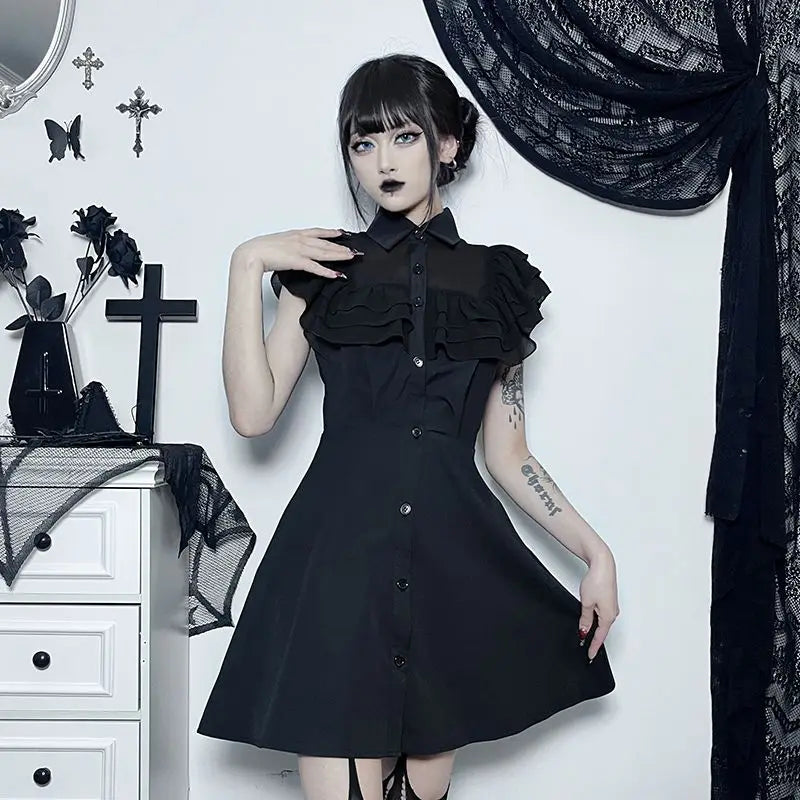 Gothic Ruffled Mesh Splicing A Line Black Dress
