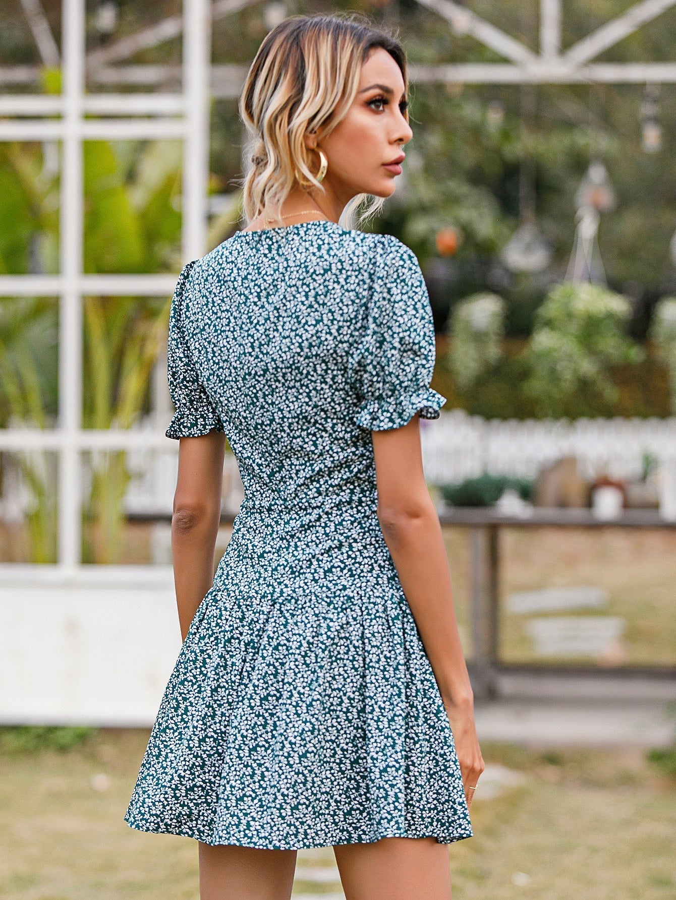 Disty Floral V Neck A Line Dress