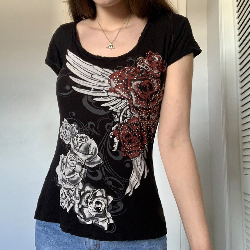 Goth Rhinestone Floral Tee