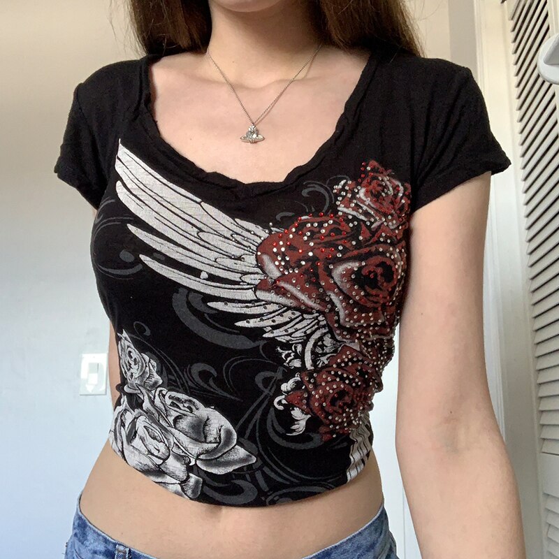 Goth Rhinestone Floral Tee