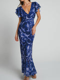 Blue Swirl V Neck Flutter Sleeve Maxi Dress