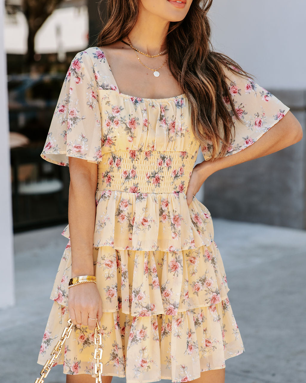 Brianna Floral Ruffle Tiered Dress Yellow