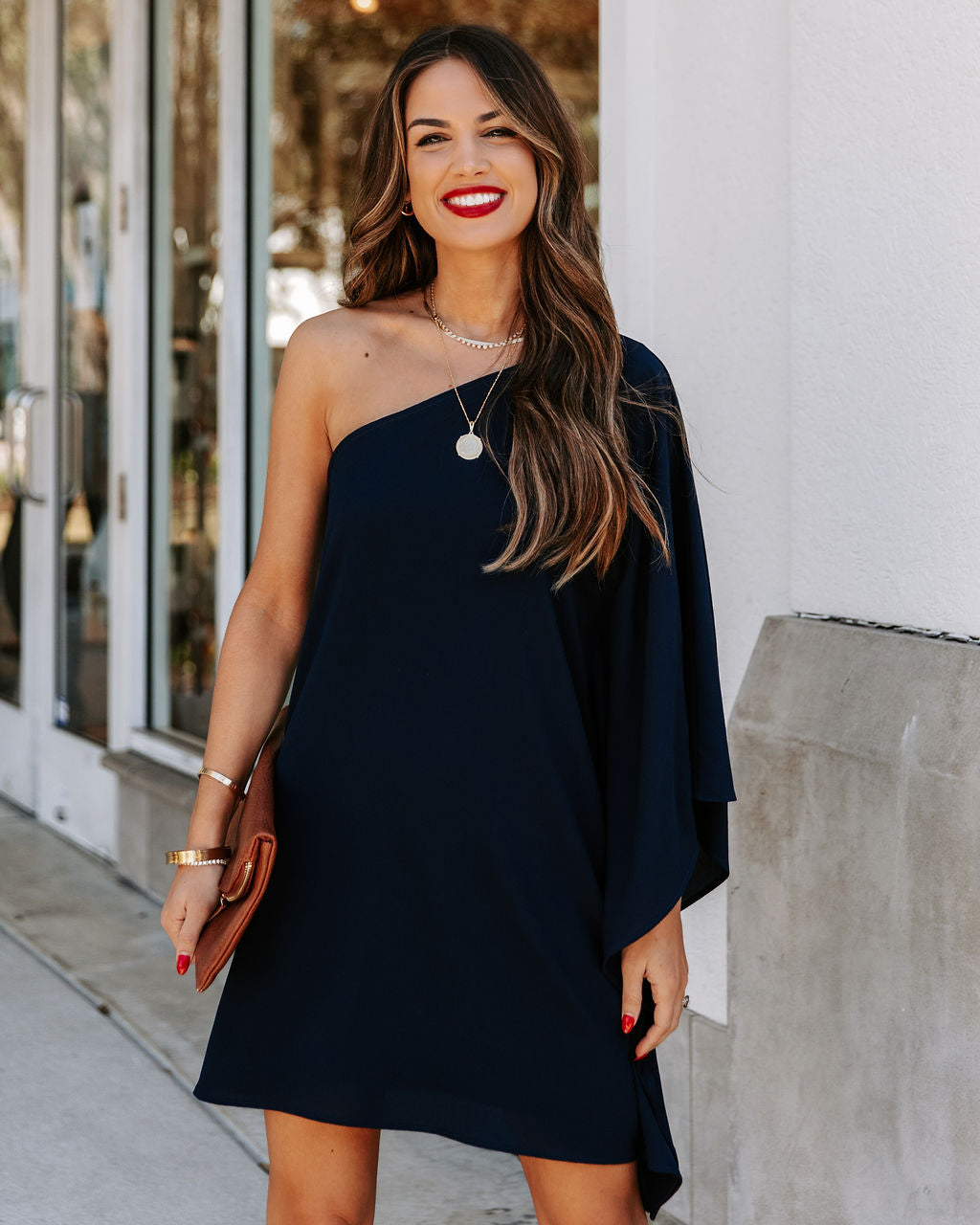 Side To Side One Shoulder Statement Dress Navy