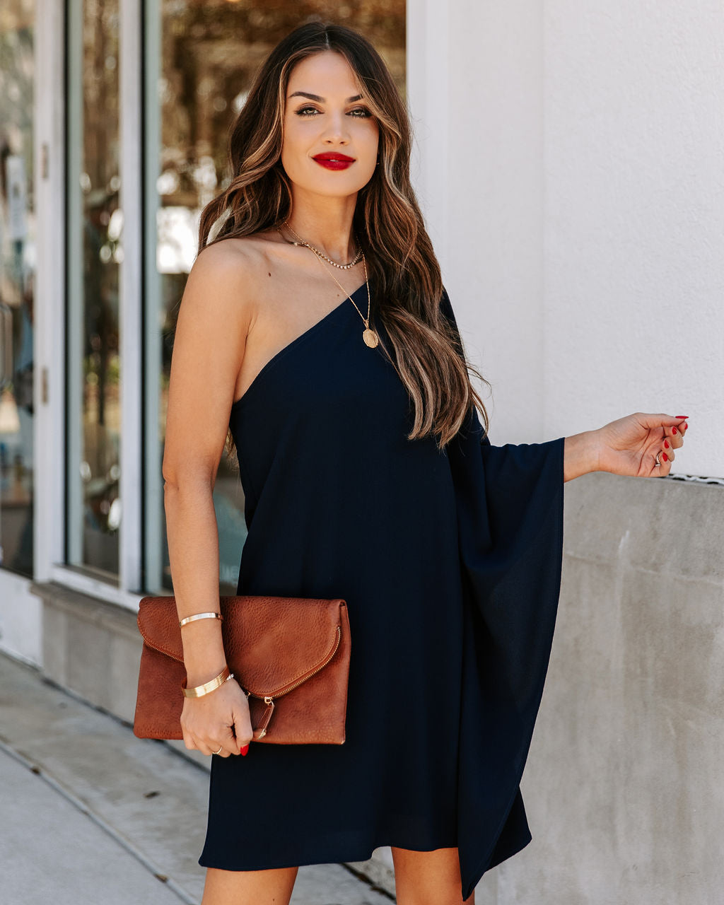 Side To Side One Shoulder Statement Dress Navy