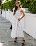 Edith Cotton Pocketed Polka Dot Midi Dress White