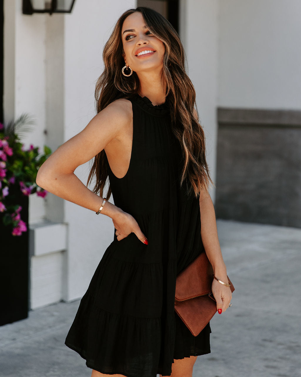 Brenley Pocketed Tiered Babydoll Dress Black