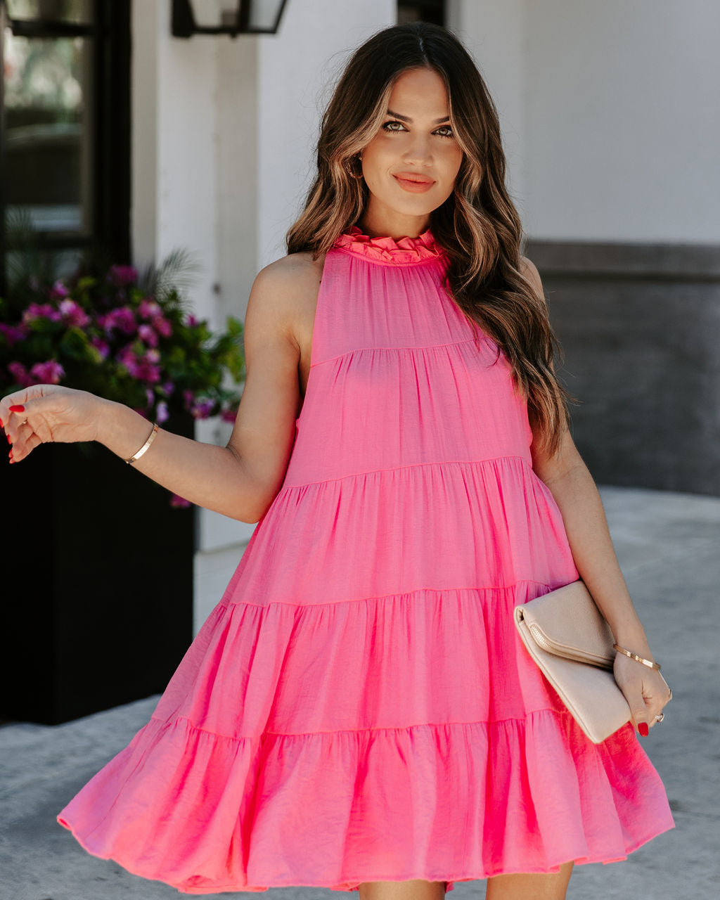 Brenley Pocketed Tiered Babydoll Dress Pink