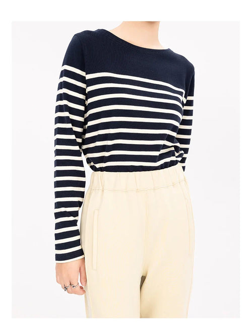 2024 Long Sleeve Striped Combed Cotton TShirt for Women