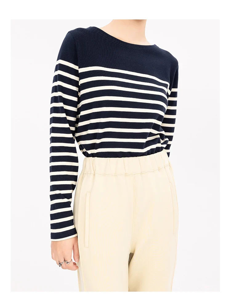 2024 Long Sleeve Striped Combed Cotton TShirt for Women