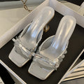 Sequined Square Toe Women Slippers Butterflyknot Elegant High Dress Shoes Low Heel Pumps