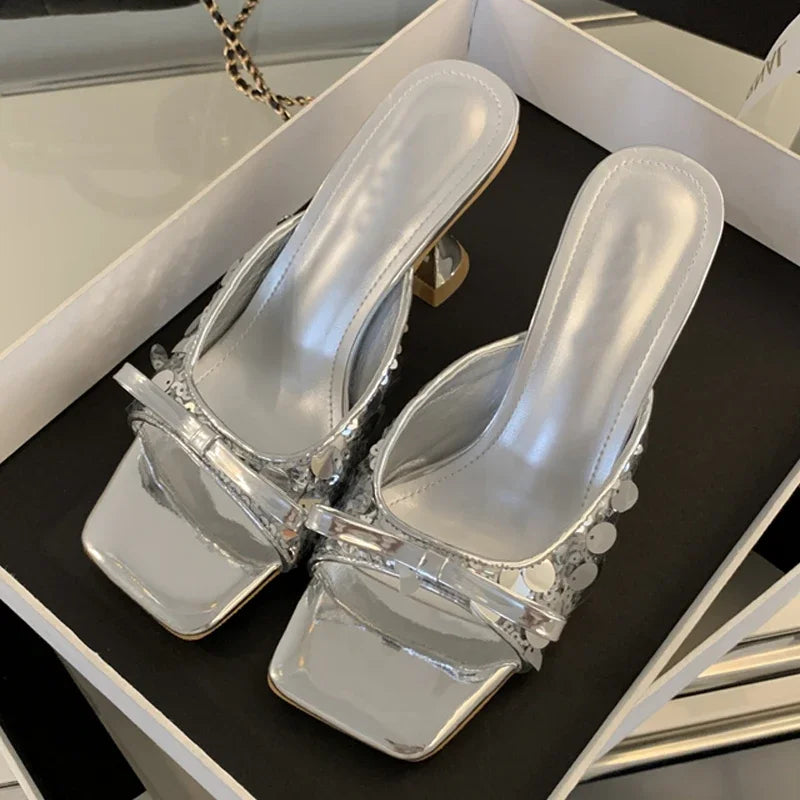 Sequined Square Toe Women Slippers Butterflyknot Elegant High Dress Shoes Low Heel Pumps
