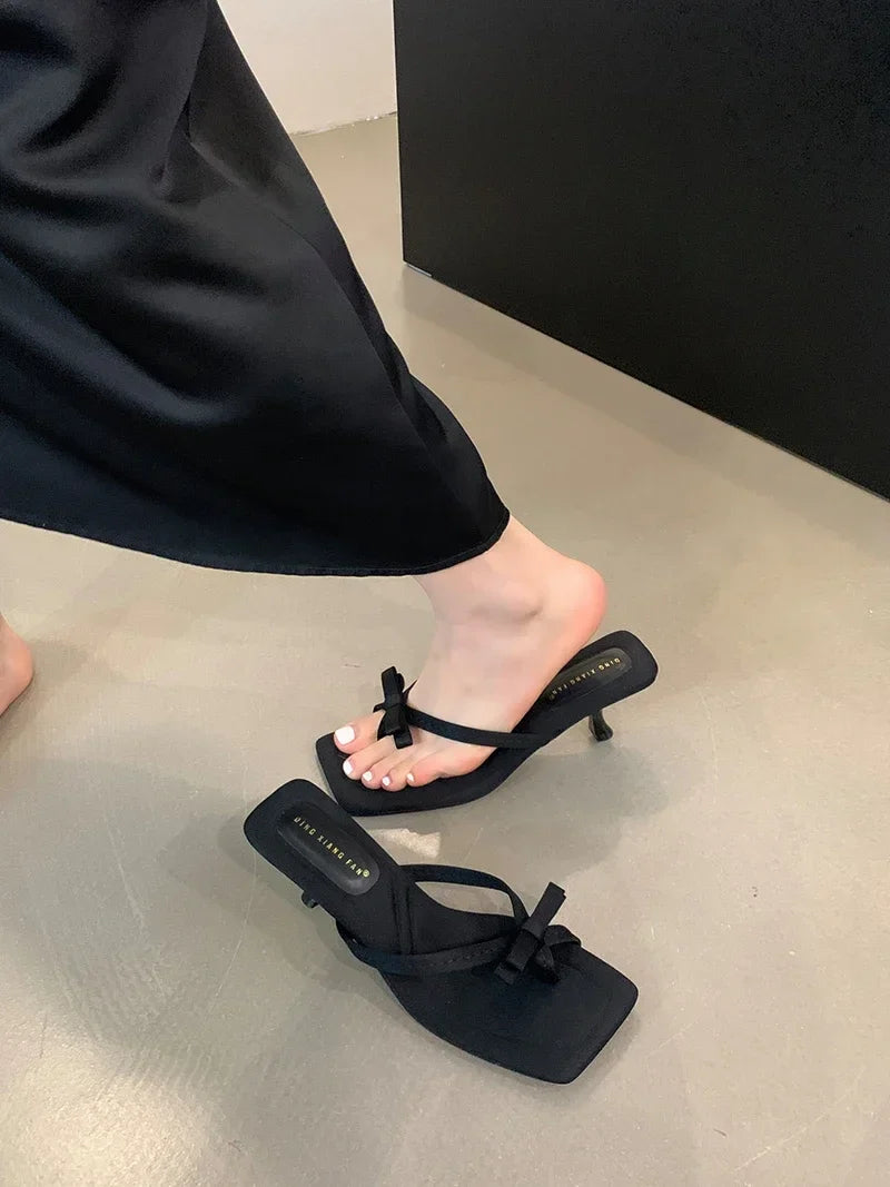 Summer Satin Butterflyknot Clip Toe Slipper Thin Party Dress Slides Women Shoes Low Heel Pumps