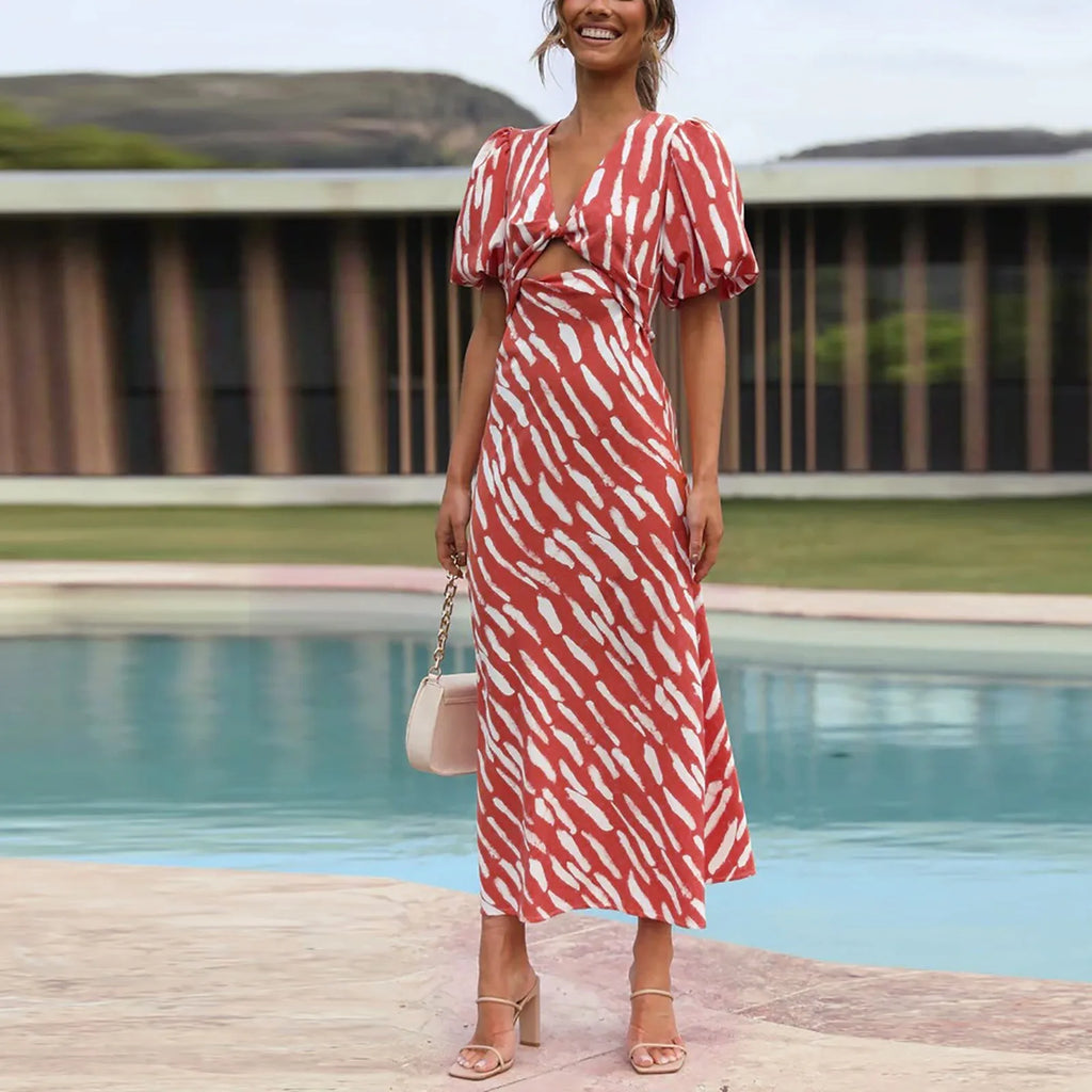 2024 Elegant Boho Stripe Print VNeck Puff Sleeve Midi Dress