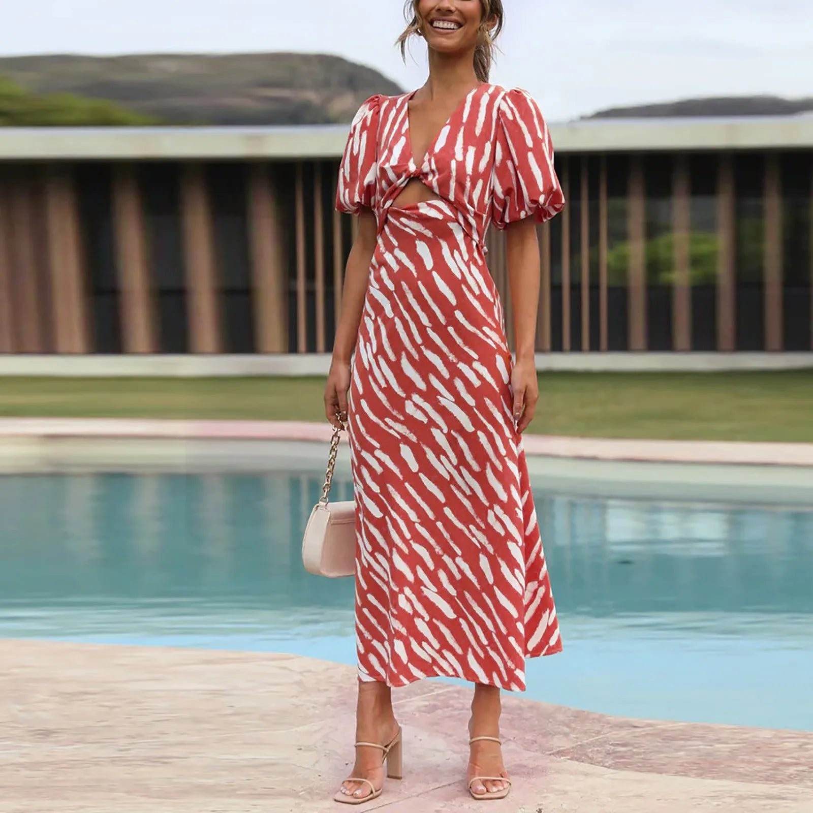 2024 Elegant Boho Stripe Print VNeck Puff Sleeve Midi Dress