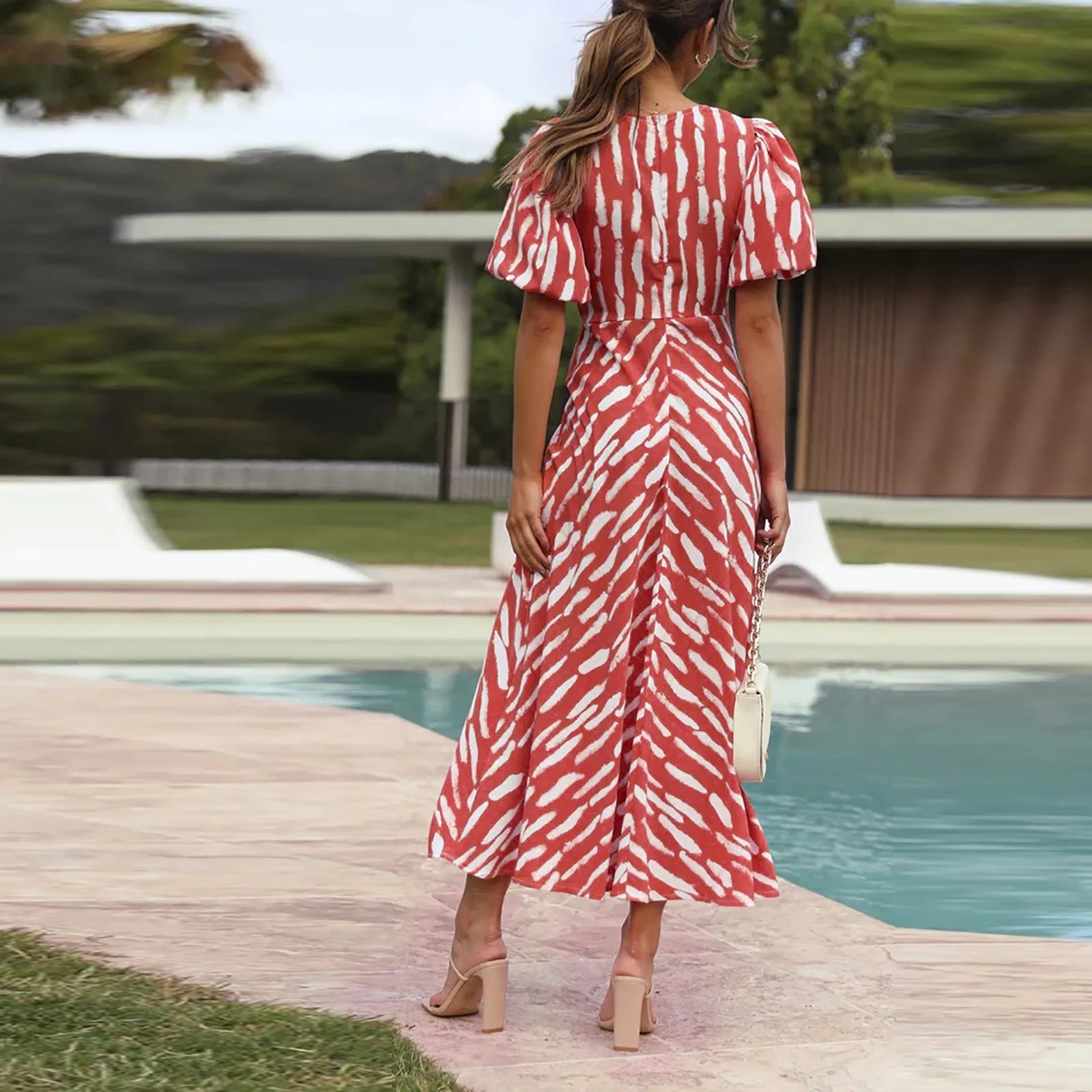 2024 Elegant Boho Stripe Print VNeck Puff Sleeve Midi Dress