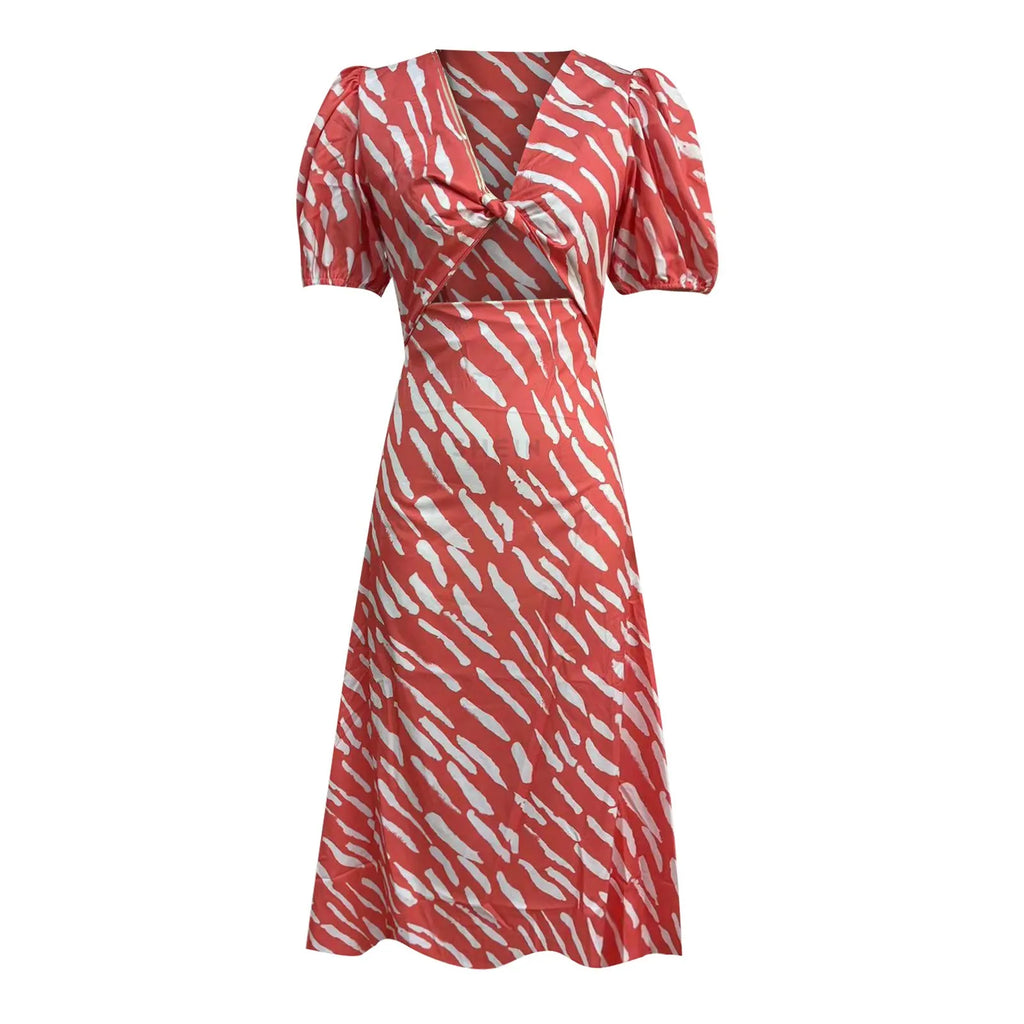 2024 Elegant Boho Stripe Print VNeck Puff Sleeve Midi Dress