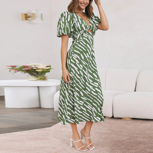2024 Elegant Boho Stripe Print VNeck Puff Sleeve Midi Dress