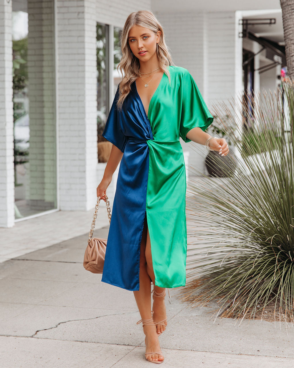 Essex Satin Colorblock Twist Midi Dress Navy Green FINAL
