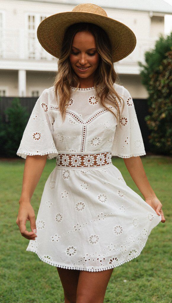 Eyelet Embroidery Backless Hollow Out Cutout Tassel Cotton like Dress for