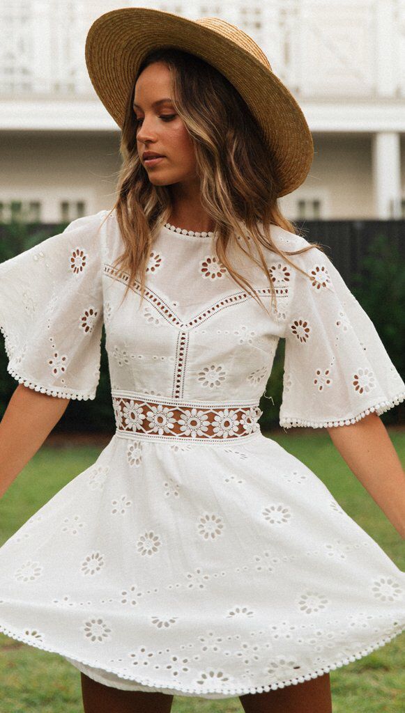 Eyelet Embroidery Backless Hollow Out Cutout Tassel Cotton like Dress for