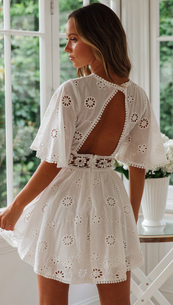 Eyelet Embroidery Backless Hollow Out Cutout Tassel Cotton like Dress for