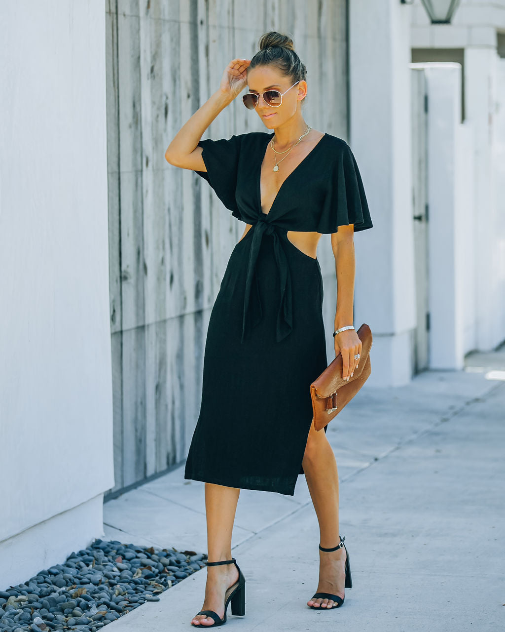 Jenner Linen Blend Tie Front Cutout Midi Dress Black FINAL