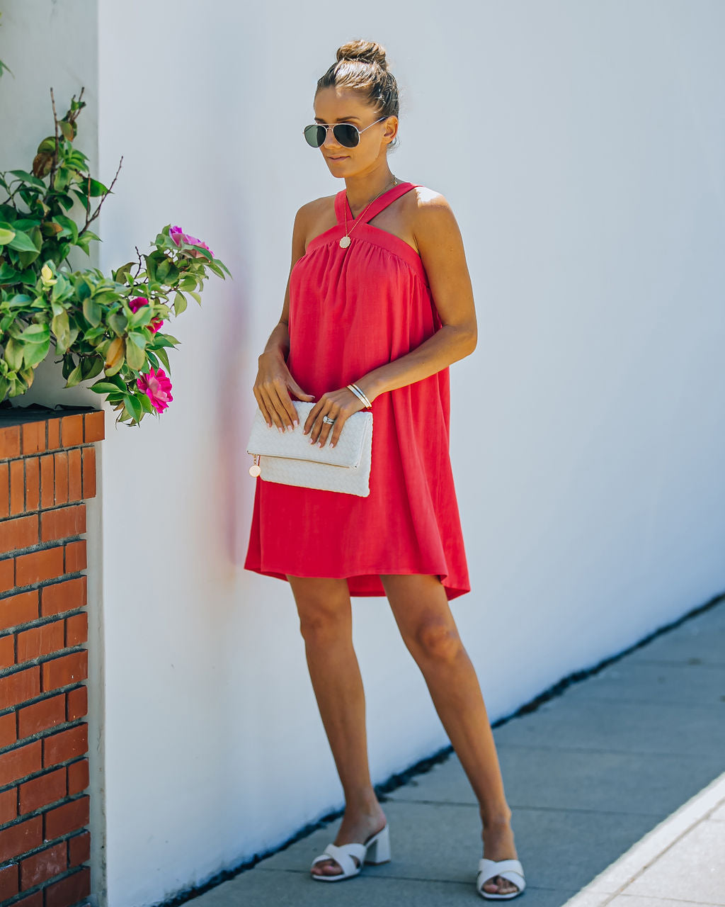 Hot Fun Linen Blend Halter Dress Hot Pink