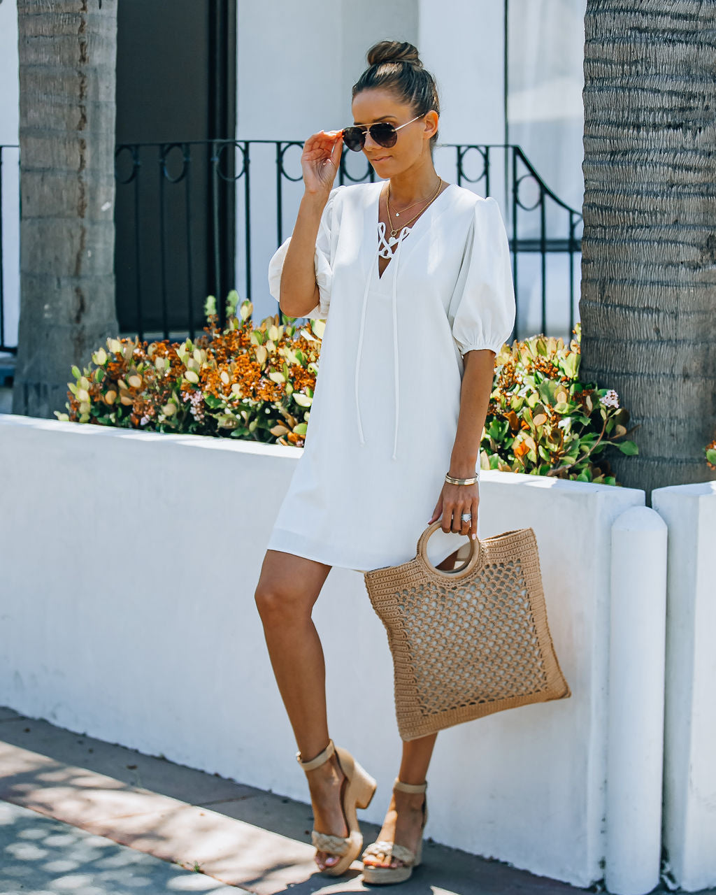 Lakeshore Linen Blend Puff Sleeve Dress Ivory