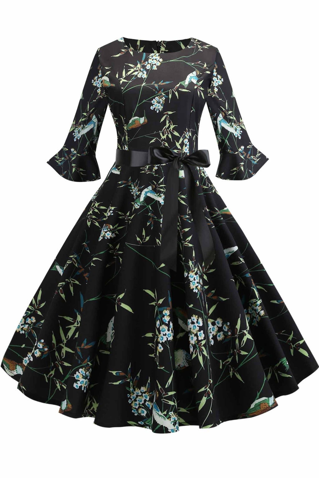 Floral Print Boatneck A-line Dress - Mislish