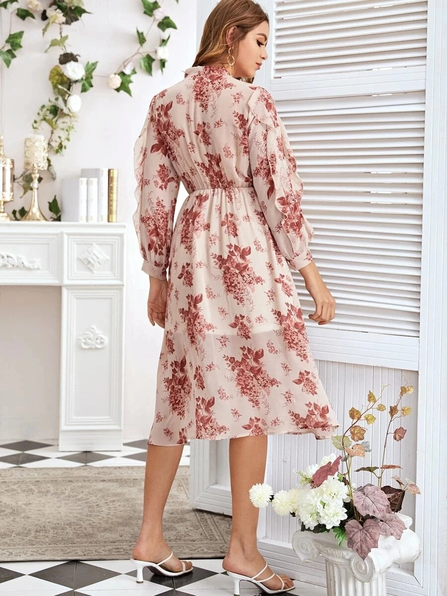 Floral Print Neck Tie Elastic Waist Lantern Sleeve Dress
