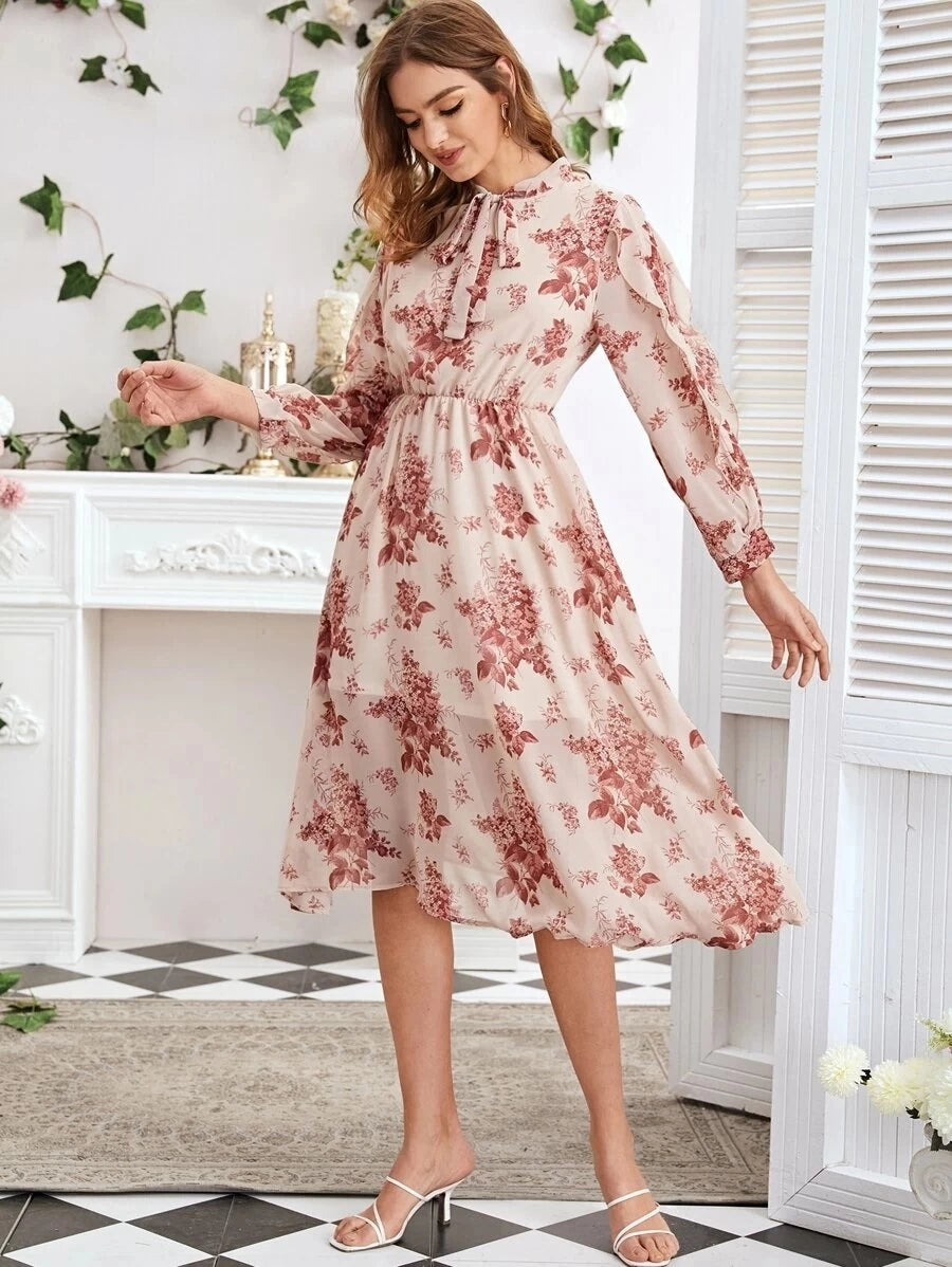Floral Print Neck Tie Elastic Waist Lantern Sleeve Dress