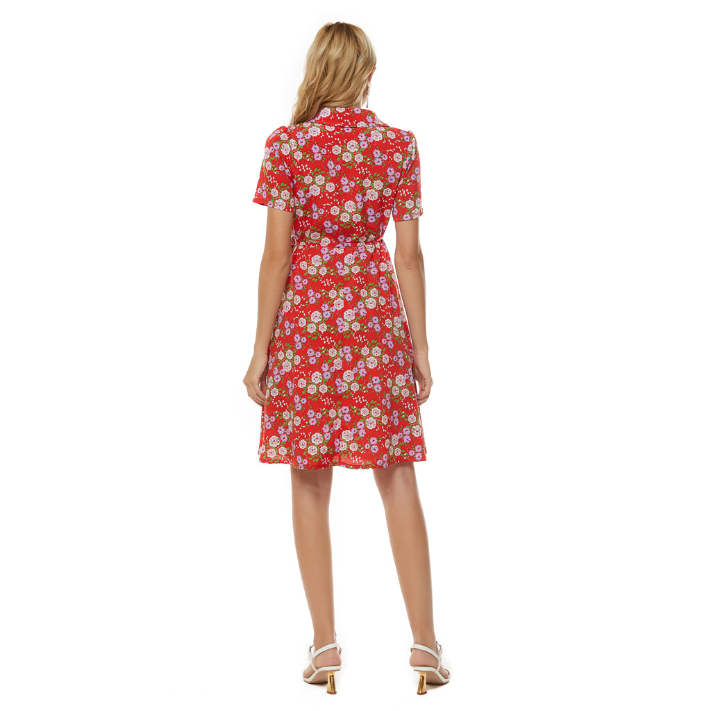 Floral Print Notched Lapel Self Tie Wrap Dress