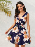Floral Print Surplice Neck Drawstring Waist A Line Mini Dress