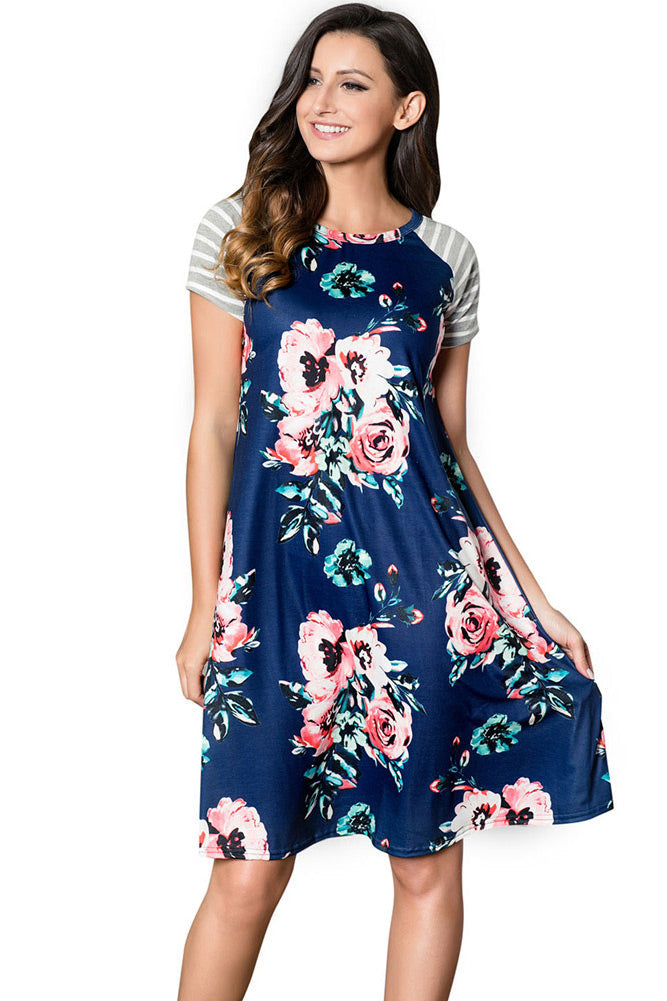 Floral Round Neck Short Sleeve Panel Dress - Mislish