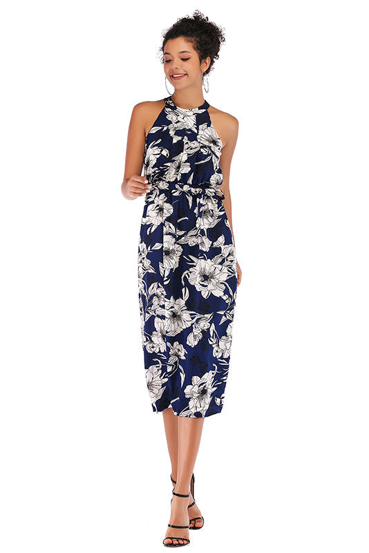 Floral Tie Front Elastic Waist Chiffon Dress - Mislish