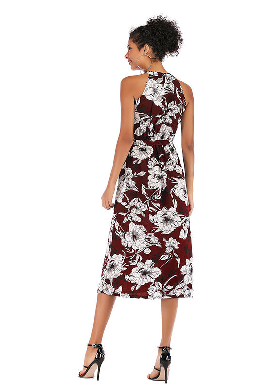 Floral Tie Front Elastic Waist Chiffon Dress