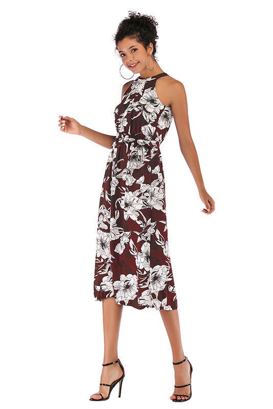 Floral Tie Front Elastic Waist Chiffon Dress