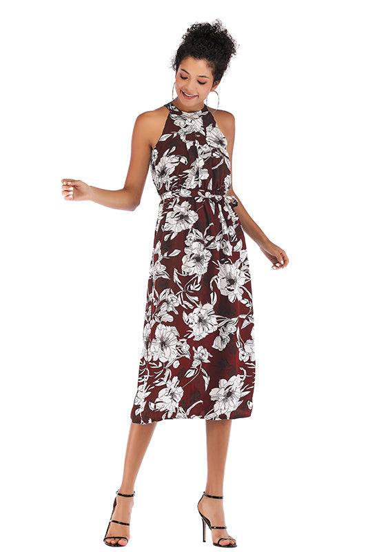 Floral Tie Front Elastic Waist Chiffon Dress - Mislish