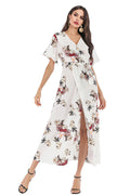 Floral V Neck Thigh-high Slit Lace-up Dress - Mislish