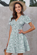Floral V-neck Knot Shoulder Single Breasted Dress - Mislish