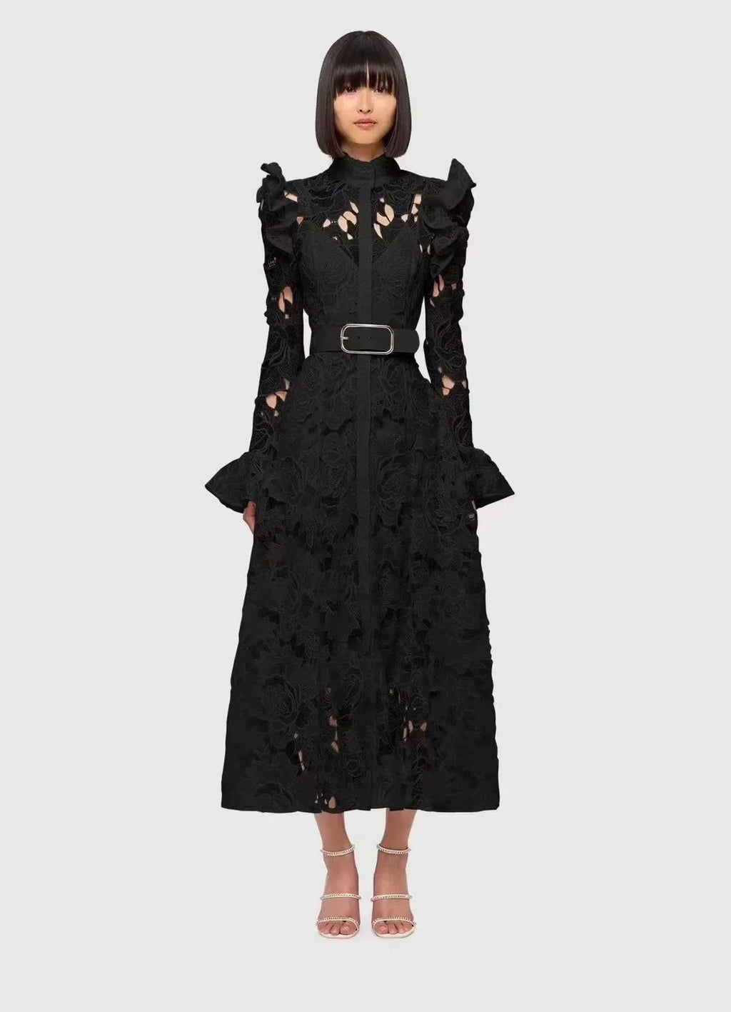French Temperament WaterSoluble SingleBreasted Lace Dress