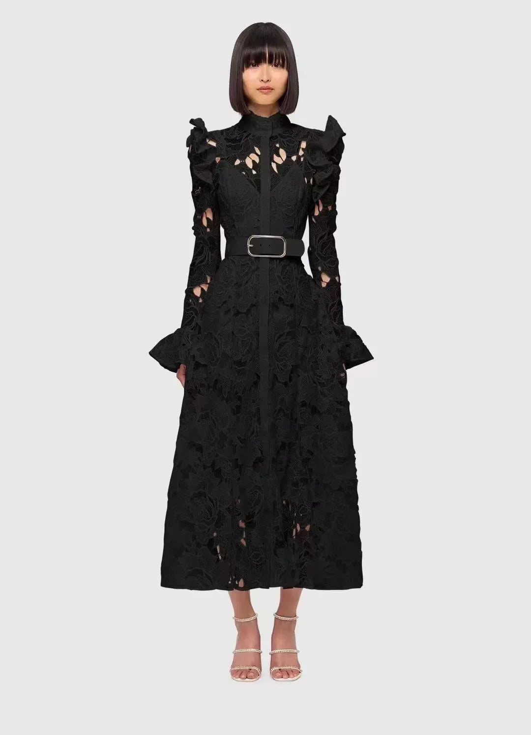 French Temperament WaterSoluble SingleBreasted Lace Dress