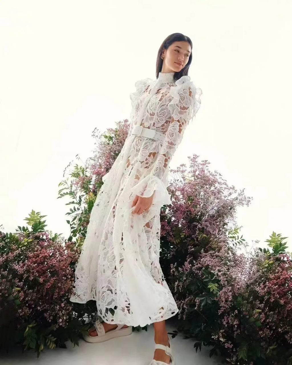 French Temperament WaterSoluble SingleBreasted Lace Dress