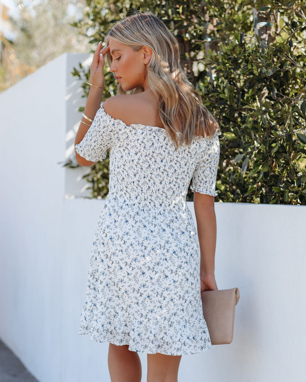 Gionna Floral Smocked Off The Shoulder Dress Ivory