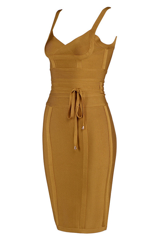 Gold Sexy V-neck Bandage Bodycon Dress - Mislish