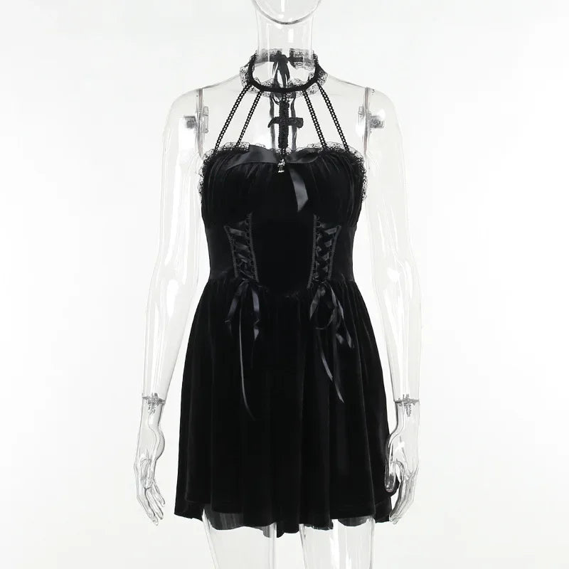 Gothic Velvet CrissCross Halter Dress Vintage Draped Lace Sleeveless Bodycon Backless ALine Cocktail Party Dress