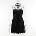Gothic Velvet CrissCross Halter Dress Vintage Draped Lace Sleeveless Bodycon Backless ALine Cocktail Party Dress