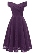 Purple Off-the-shoulder Lace Midi Prom Dress - Mislish