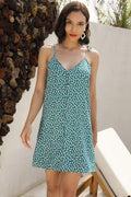 Green V-neck Tie Shoulder Printed Dress - Mislish