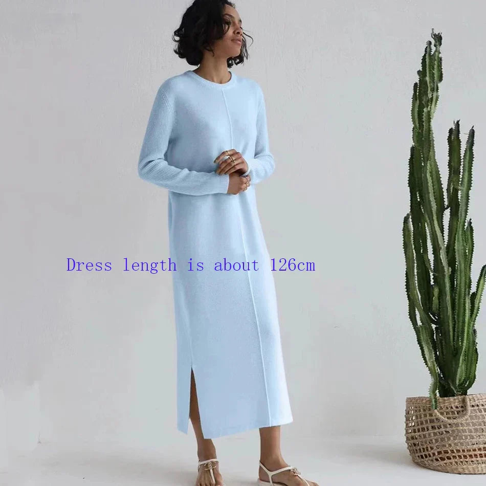 2024 Casual Midi Knit Dress Women's O-neck Long Sleeve Split Straight Dresses Autumn Pure Color Knit Vestidos